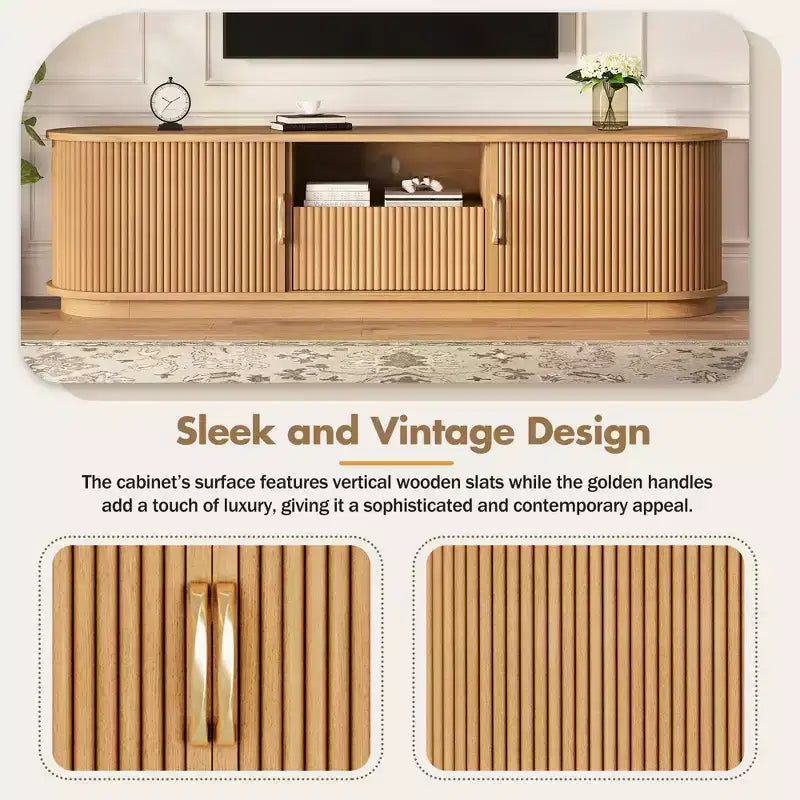 Mueble para TV rústico vintage con puertas corredizas de listones de madera, consola multimedia acanalada estilo granja de 75 con cajón (veta de madera natural)