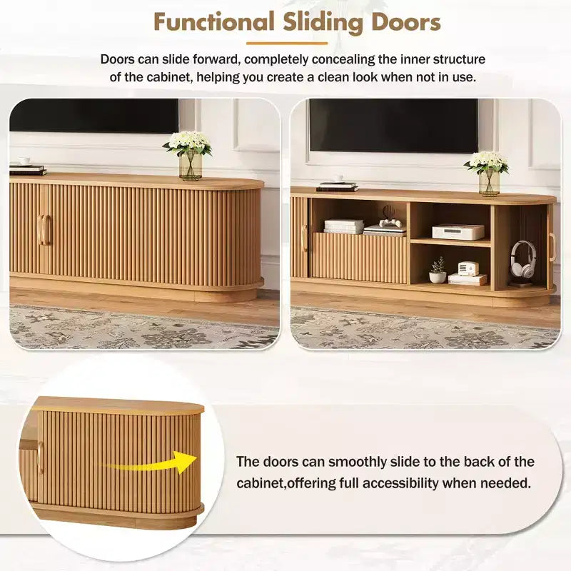 Mueble para TV rústico vintage con puertas corredizas de listones de madera, consola multimedia acanalada estilo granja de 75 con cajón (veta de madera natural)