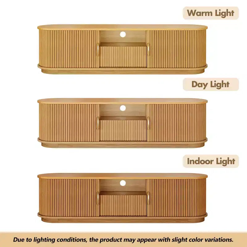 Mueble para TV rústico vintage con puertas corredizas de listones de madera, consola multimedia acanalada estilo granja de 75 con cajón (veta de madera natural)