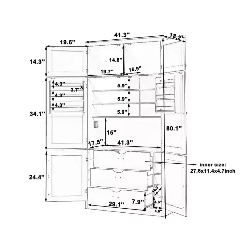 Armoire de cuisine haute avec prises électriques, grand placard autoportant avec support pour micro-ondes, tiroirs, étagères, porte-bouteilles et étagère de porte