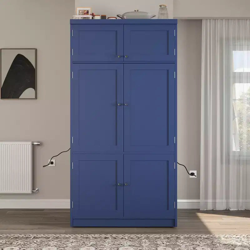 Armoire de cuisine haute avec prises électriques, grand placard autoportant avec support pour micro-ondes, tiroirs, étagères, porte-bouteilles et étagère de porte