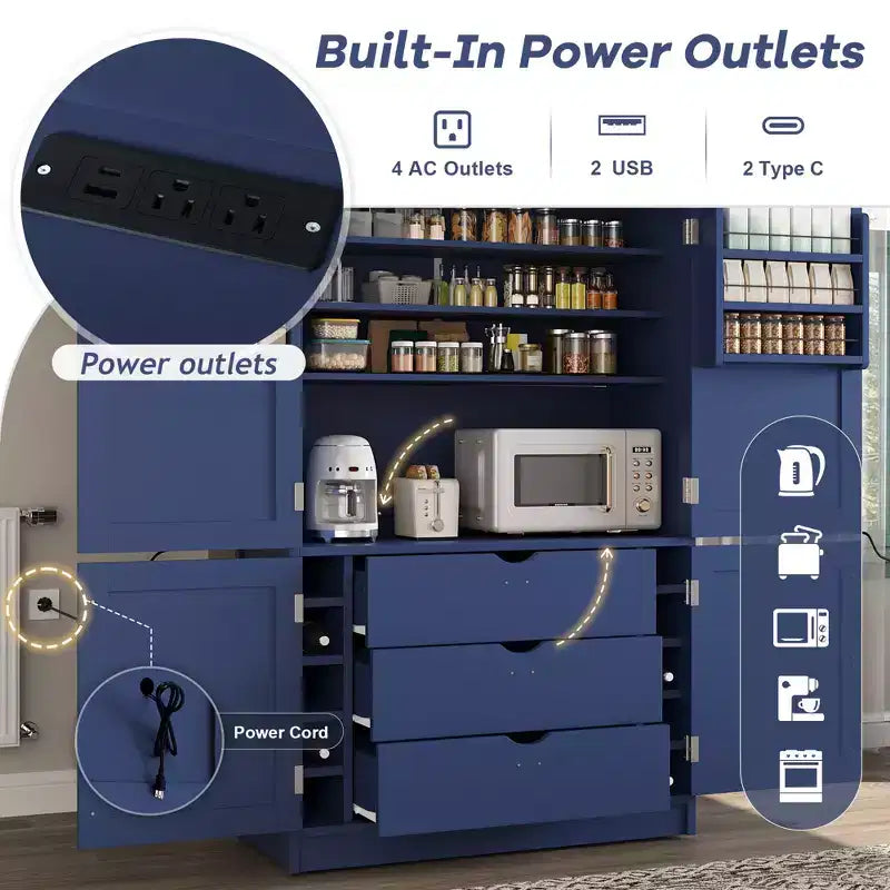 Despensa alta de cocina con tomas de corriente, armario independiente grande con soporte para microondas, cajones, estantes, botelleros y estante en la puerta
