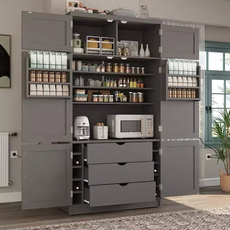 Armoire de cuisine haute avec prises électriques, grand placard autoportant avec support pour micro-ondes, tiroirs, étagères, porte-bouteilles et étagère de porte