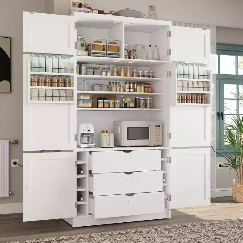 Armoire de cuisine haute avec prises électriques, grand placard autoportant avec support pour micro-ondes, tiroirs, étagères, porte-bouteilles et étagère de porte