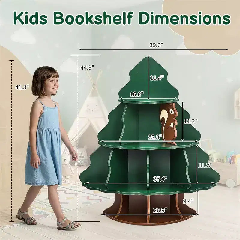 Librero infantil de MDF de 4 niveles y 12 compartimentos, diseño de árbol de Navidad y ardilla