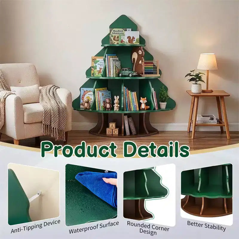 Librero infantil de MDF de 4 niveles y 12 compartimentos, diseño de árbol de Navidad y ardilla