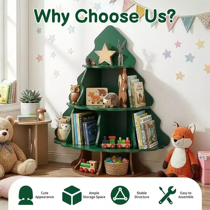 Librero infantil de MDF de 4 niveles y 12 compartimentos, diseño de árbol de Navidad y ardilla