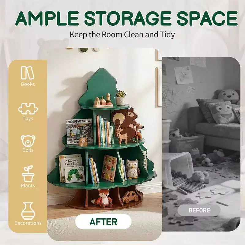 Librero infantil de MDF de 4 niveles y 12 compartimentos, diseño de árbol de Navidad y ardilla