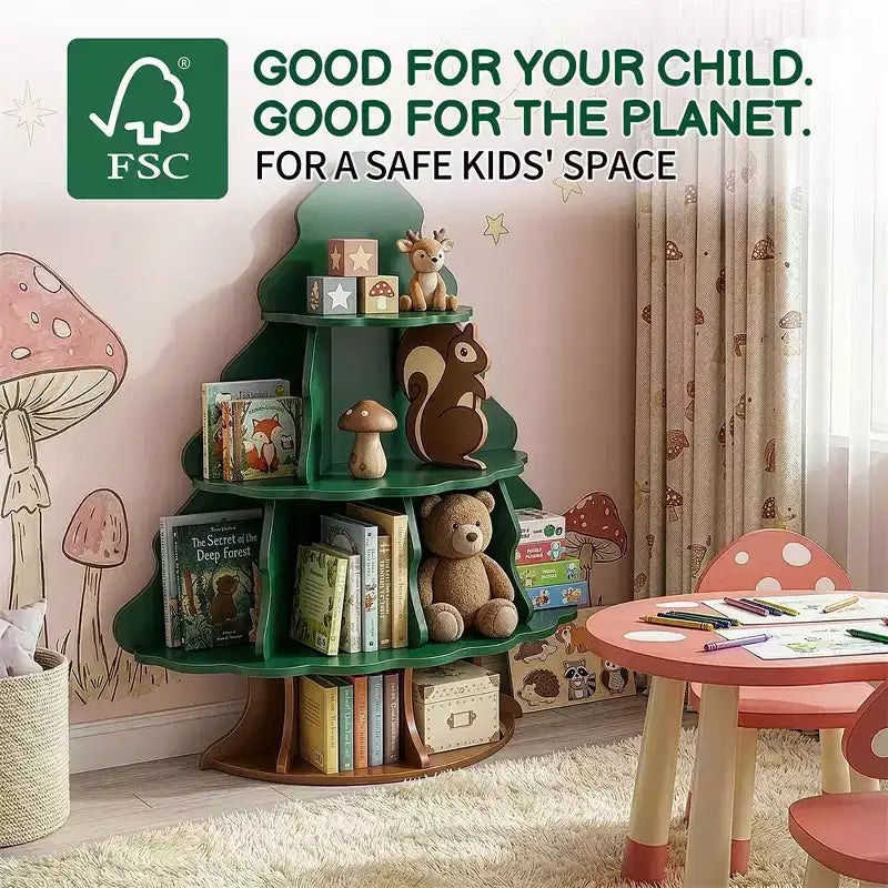 Librero infantil de MDF de 4 niveles y 12 compartimentos, diseño de árbol de Navidad y ardilla