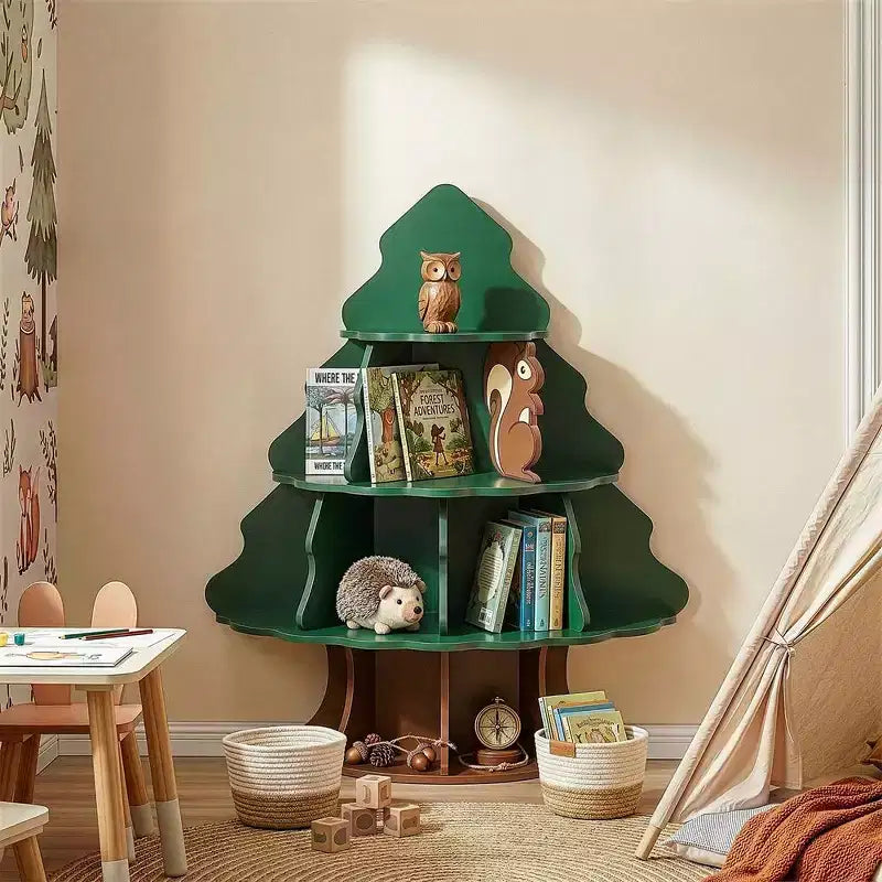 Librero infantil de MDF de 4 niveles y 12 compartimentos, diseño de árbol de Navidad y ardilla