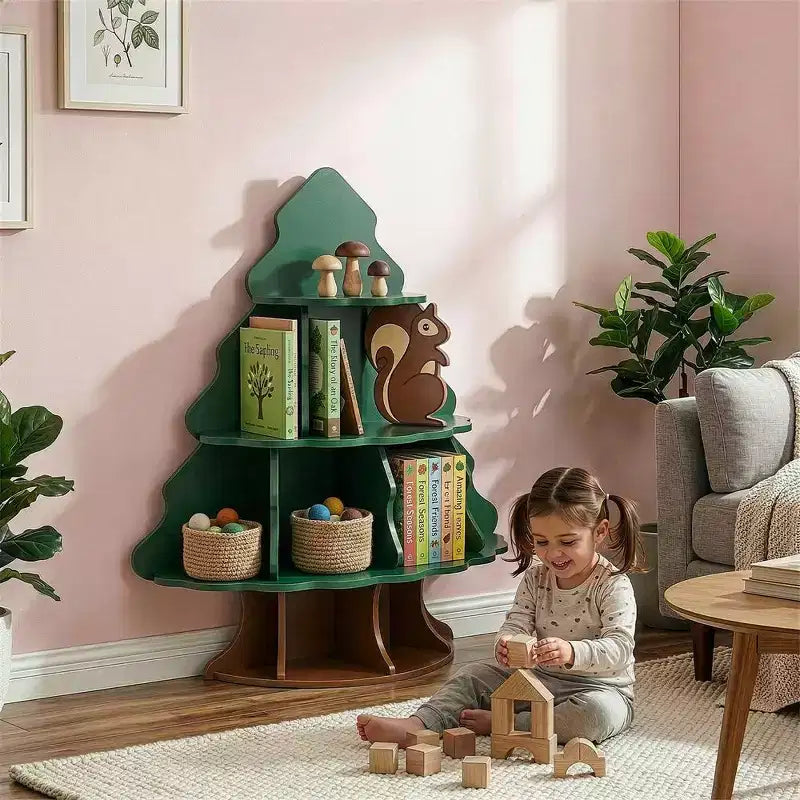 Librero infantil de MDF de 4 niveles y 12 compartimentos, diseño de árbol de Navidad y ardilla