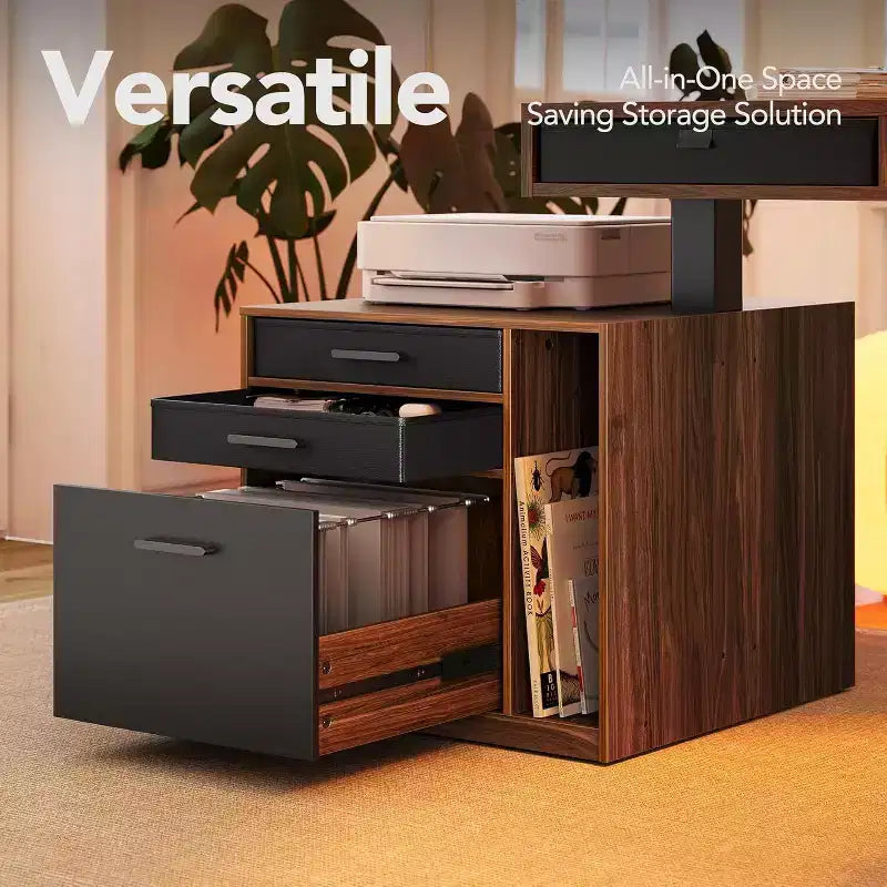 Bureau électrique assis-debout en L de 63 X 53 In avec 2 tiroirs de rangement et caisson à dossiers, bureau d'angle réglable en hauteur, bureau d'ordinateur, noyer