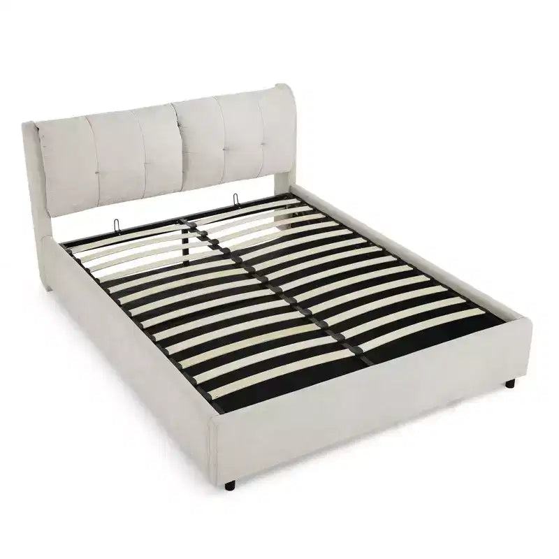 Estructura de cama con plataforma y espacio de almacenamiento, tapizada en chenilla y con cabecera acolchada