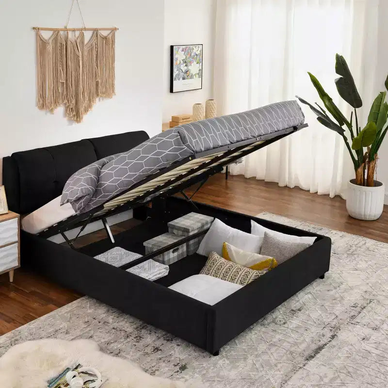 Estructura de cama con plataforma y espacio de almacenamiento, tapizada en chenilla y con cabecera acolchada