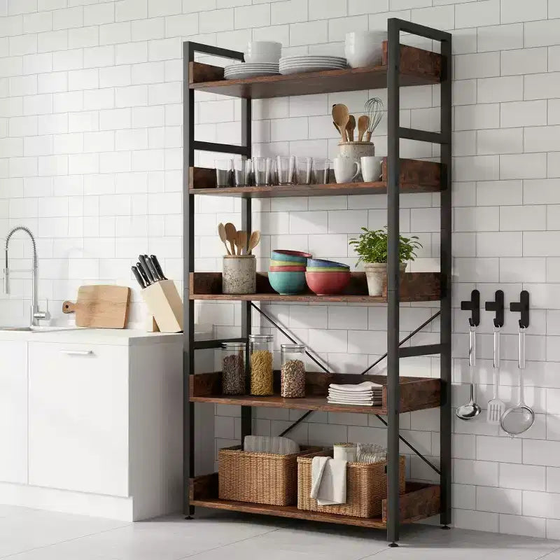 1/2PC Aufbewahrungsregal mit 5 Ebenen und Haken, offene Ablagen im rustikalen Holzmaserungsdesign, verstellbare Füße, Braun+Schwarz