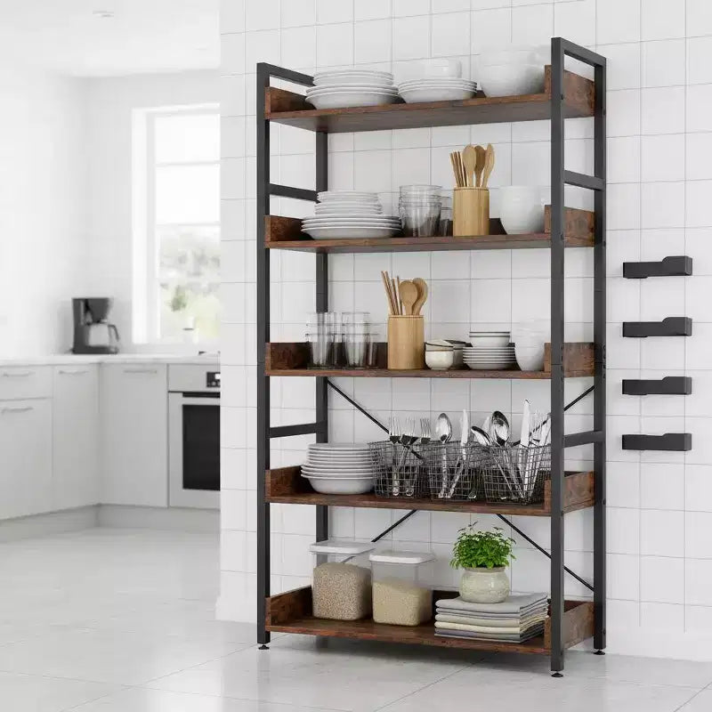 1/2PC Étagère de rangement à 5 niveaux avec crochets et étagères ouvertes, motif rustique grain de bois, pieds réglables, marron+noir