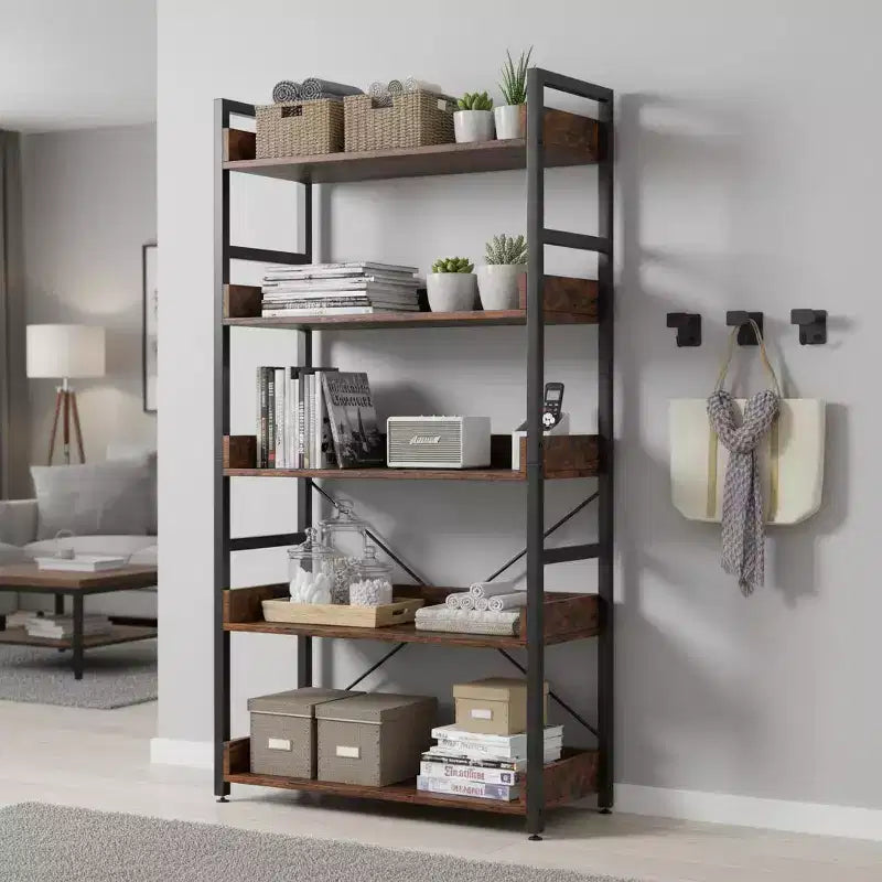 1/2PC Aufbewahrungsregal mit 5 Ebenen und Haken, offene Ablagen im rustikalen Holzmaserungsdesign, verstellbare Füße, Braun+Schwarz