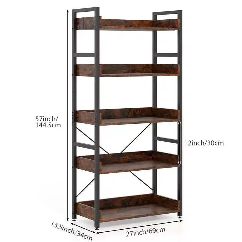 1/2PC Étagère de rangement à 5 niveaux avec crochets et étagères ouvertes, motif rustique grain de bois, pieds réglables, marron+noir