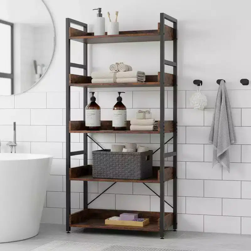1/2PC Aufbewahrungsregal mit 5 Ebenen und Haken, offene Ablagen im rustikalen Holzmaserungsdesign, verstellbare Füße, Braun+Schwarz