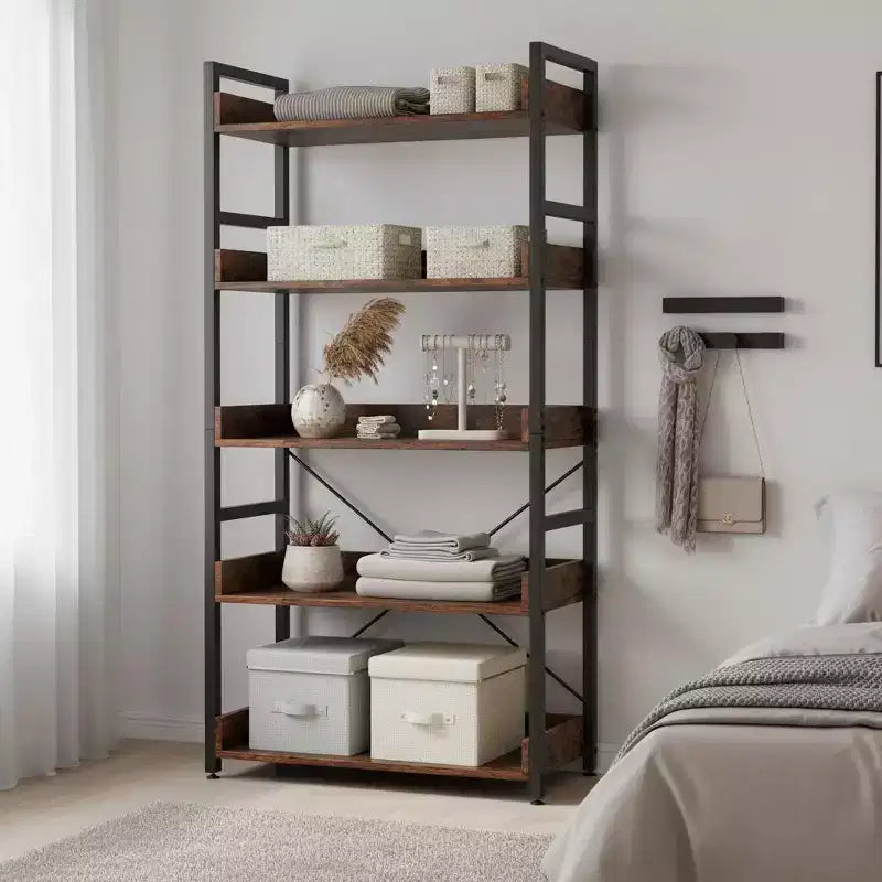 1/2PC Aufbewahrungsregal mit 5 Ebenen und Haken, offene Ablagen im rustikalen Holzmaserungsdesign, verstellbare Füße, Braun+Schwarz