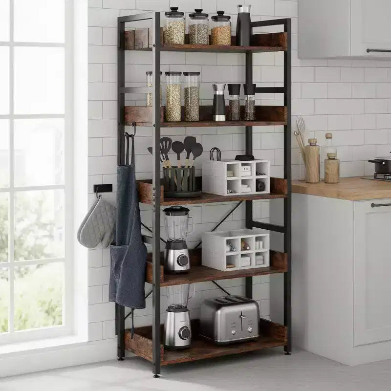 1/2PC Aufbewahrungsregal mit 5 Ebenen und Haken, offene Ablagen im rustikalen Holzmaserungsdesign, verstellbare Füße, Braun+Schwarz