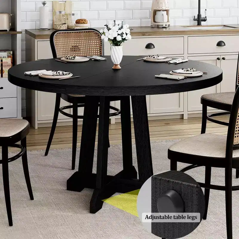 Mesa de comedor redonda de 47.2 para 4-6 personas, mesa de cocina de madera negra con base de pedestal y patas ajustables