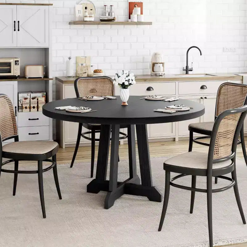 Mesa de comedor redonda de 47.2 para 4-6 personas, mesa de cocina de madera negra con base de pedestal y patas ajustables
