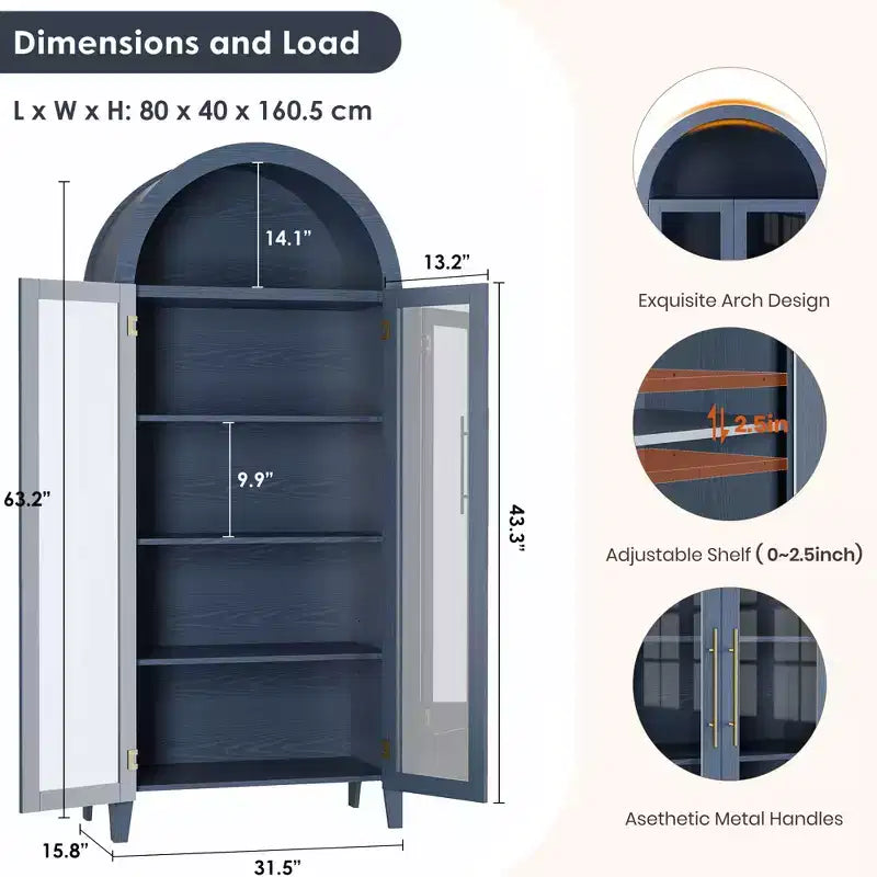 Armoire de rangement haute à sommet arqué avec portes vitrées, bibliothèque d'exposition à 5 niveaux avec étagères réglables pour la cuisine ou le salon