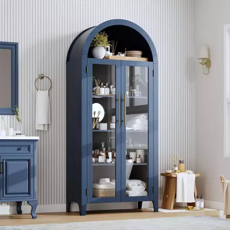 Armoire de rangement haute à sommet arqué avec portes vitrées, bibliothèque d'exposition à 5 niveaux avec étagères réglables pour la cuisine ou le salon
