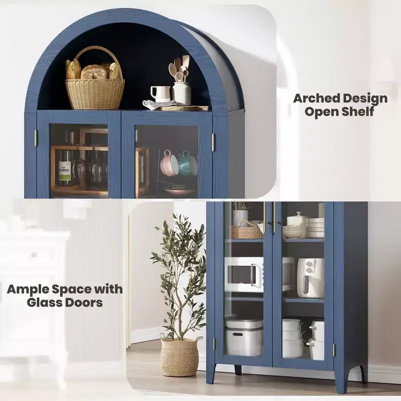 Armoire de rangement haute à sommet arqué avec portes vitrées, bibliothèque d'exposition à 5 niveaux avec étagères réglables pour la cuisine ou le salon