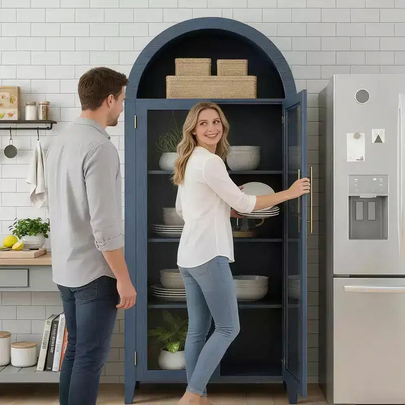 Armoire de rangement haute à sommet arqué avec portes vitrées, bibliothèque d'exposition à 5 niveaux avec étagères réglables pour la cuisine ou le salon