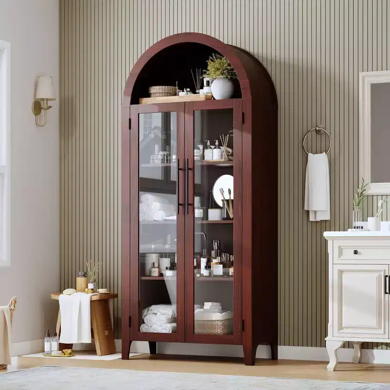 Armoire de rangement haute à sommet arqué avec portes vitrées, bibliothèque d'exposition à 5 niveaux avec étagères réglables pour la cuisine ou le salon