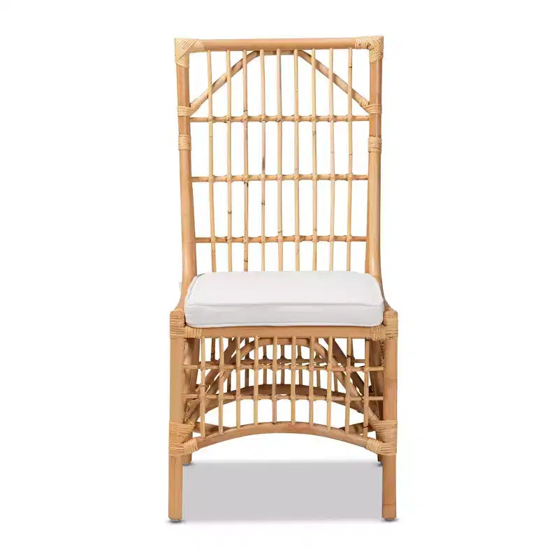 Chaise de salle à manger rembourrée en tissu et rotin, blanche/naturelle : mélange de coton et de polyester, style bohème, aucun assemblage requis