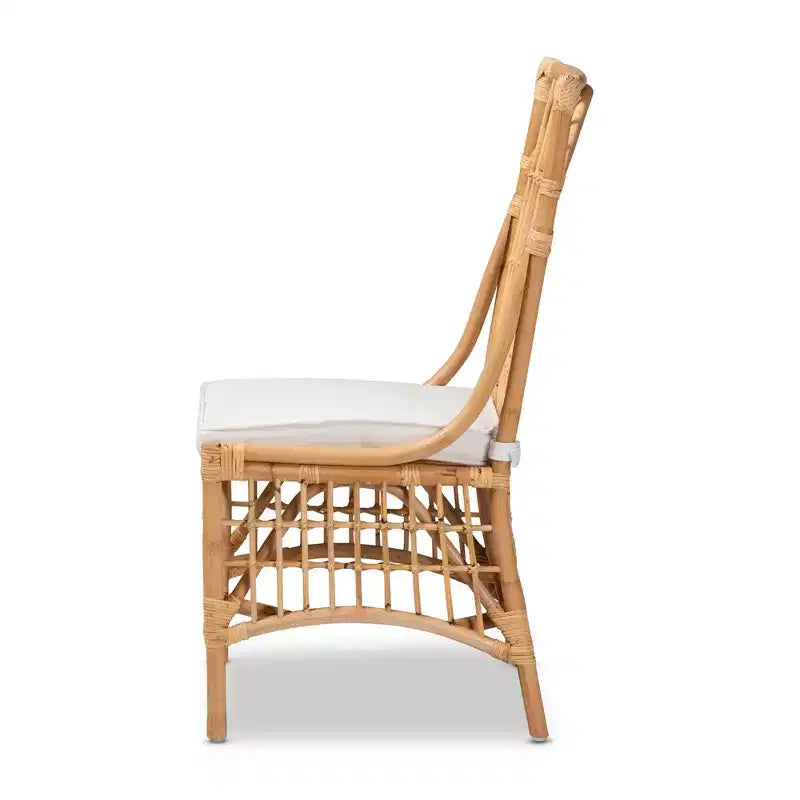 Chaise de salle à manger rembourrée en tissu et rotin, blanche/naturelle : mélange de coton et de polyester, style bohème, aucun assemblage requis
