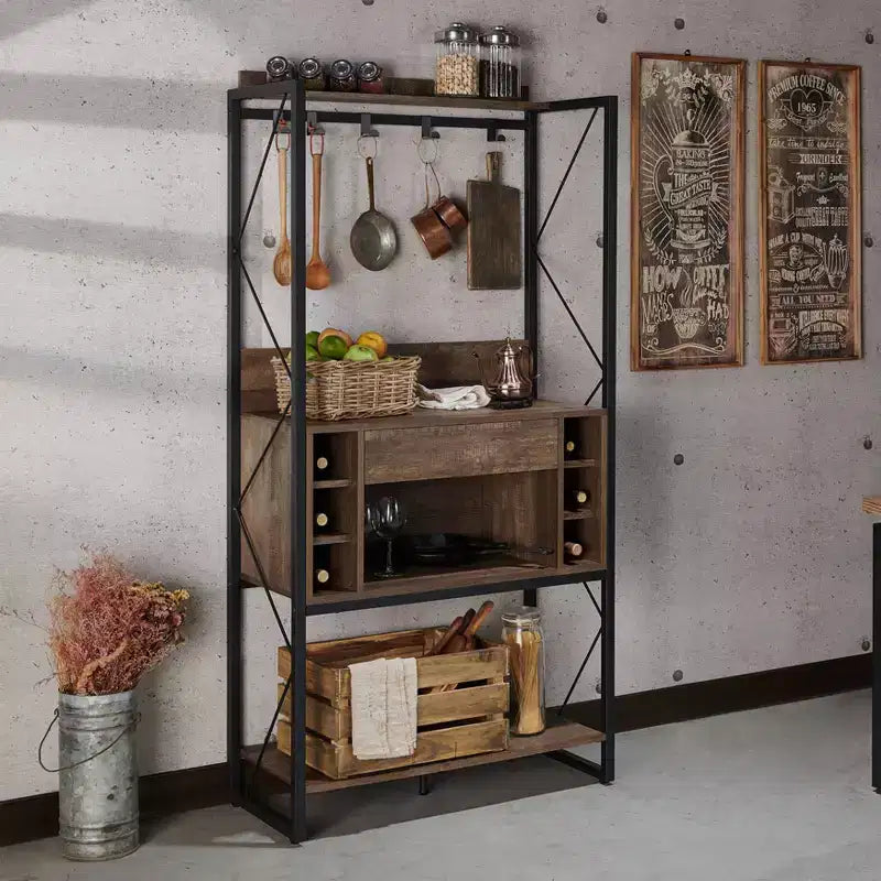Étagère de boulanger en chêne récupéré : style industriel, 3 étagères fixes, cadre en métal, hauteur de 67"