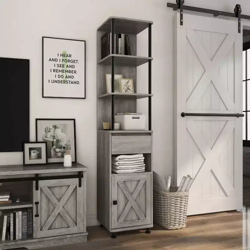 Bibliothèque de rangement de 72.3" : cadre en fer, armoire à portes de grange