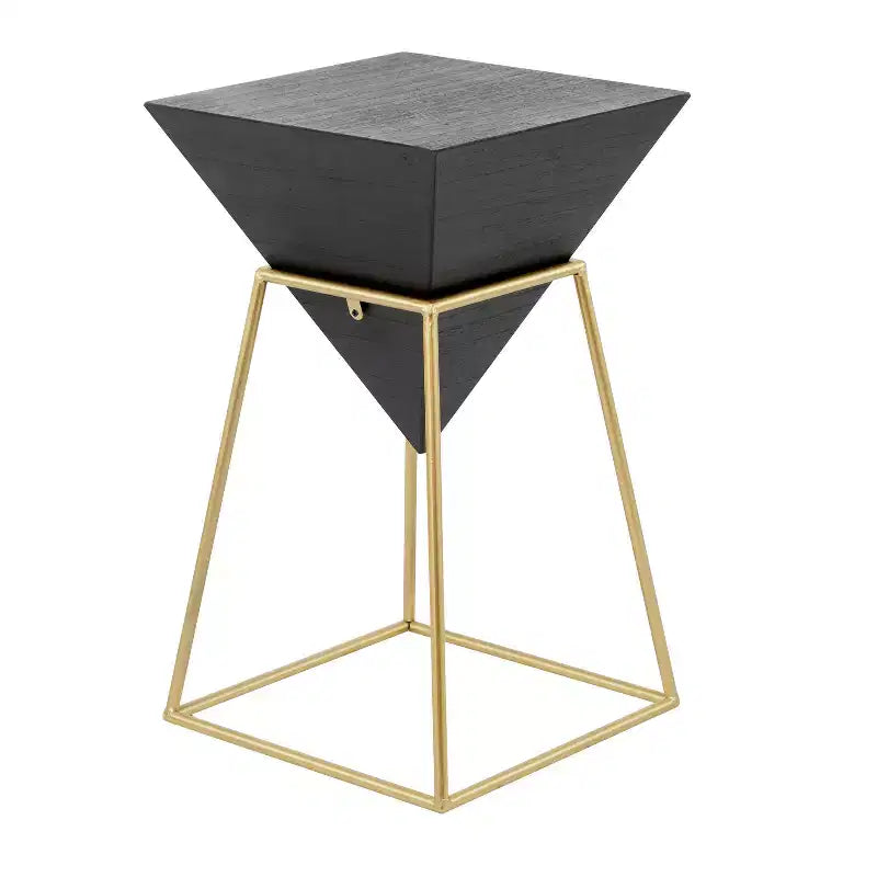 Moderner Akzenttisch aus Holz, Schwarz: Goldrahmen, kein Aufbau erforderlich, Dreiecksdesign aus Metall und Holz