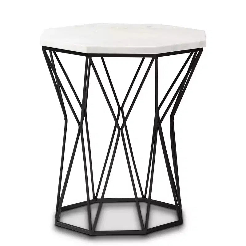 Table d’appoint en métal avec plateau en marbre noir : table d’appoint rectangulaire pour le salon, aucun assemblage requis