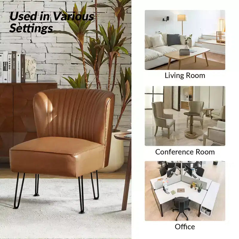 Chaise d’appoint contemporaine en similicuir végétalien avec dossier capitonné et pieds en métal