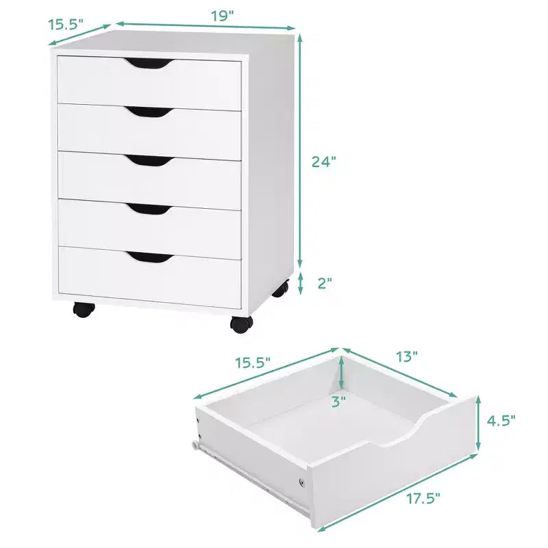 Kommode mit 5 Schubladen und Rollen, Bodenschrank und Organizer, Weiß