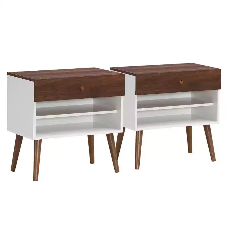 Costway 2PCS Nightstand End Side Table Drawer Storage Shelf Mid-Century Rubber Wood Leg