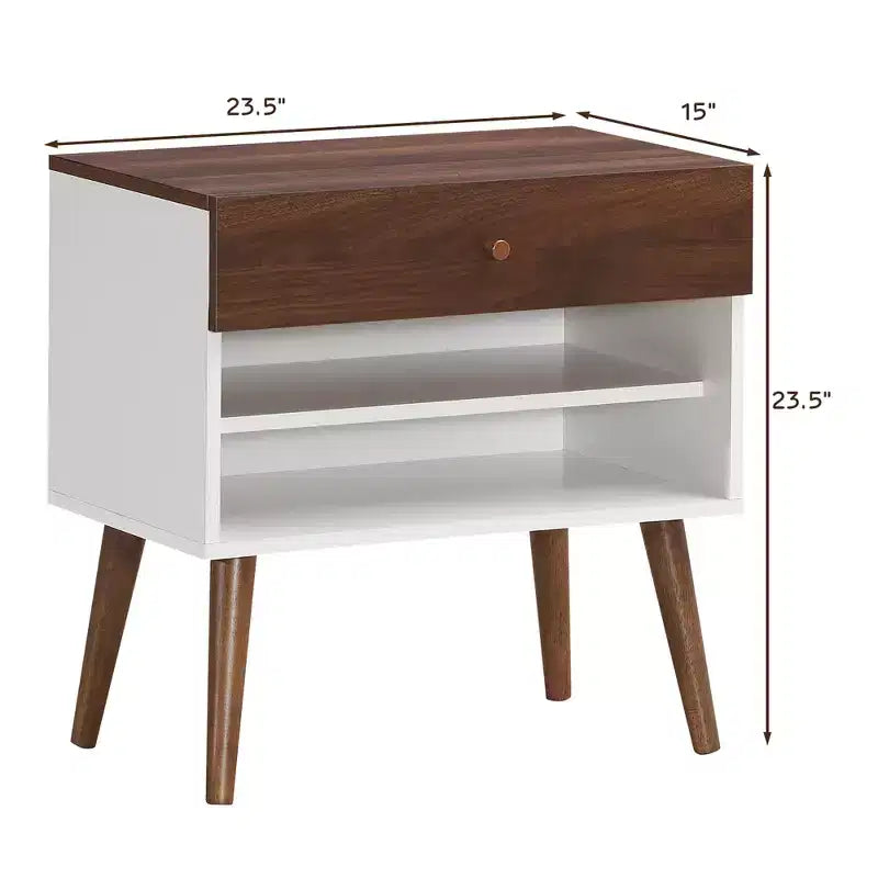 Juego de 2 mesitas de noche auxiliares con cajón y estante de almacenamiento, patas de madera de caucho de estilo de mediados de siglo